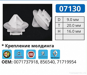 07130 клипса автомобильная крепление молдинга Alfa Romeo/Citroen/Fiat/Lancia/Peugeot/Renault